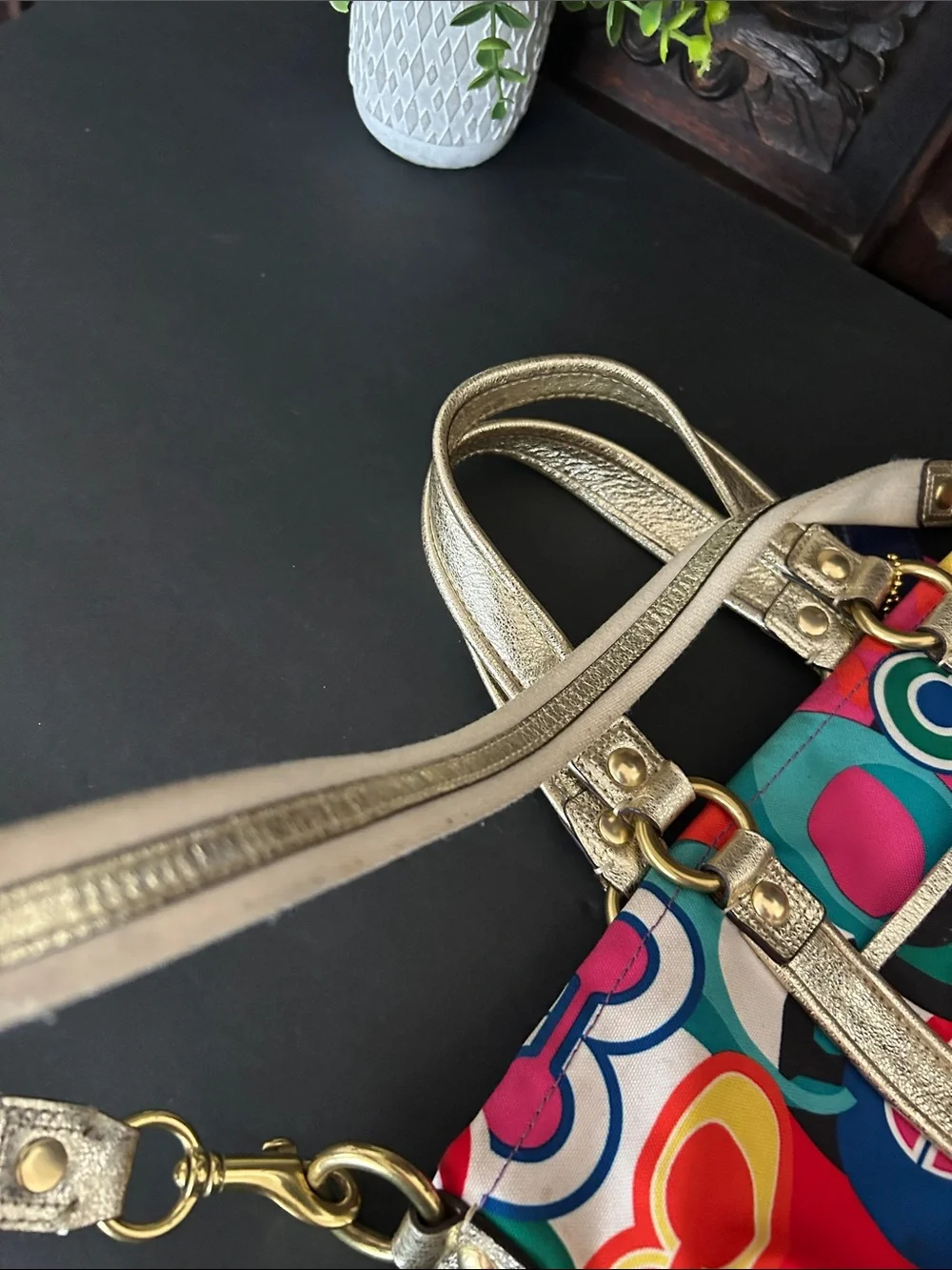 Coach Multicolor Signature Circle Tote with Gold Trim